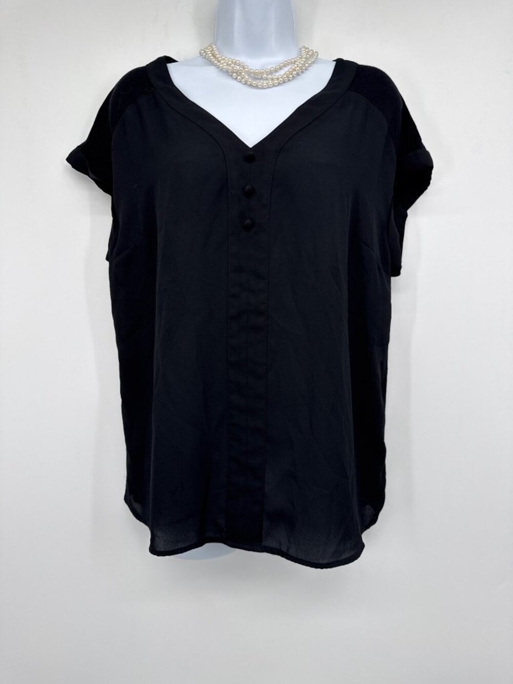 Fortune + Ivy Helina Black Blouse V-Neck Cap Sleeve Top Large